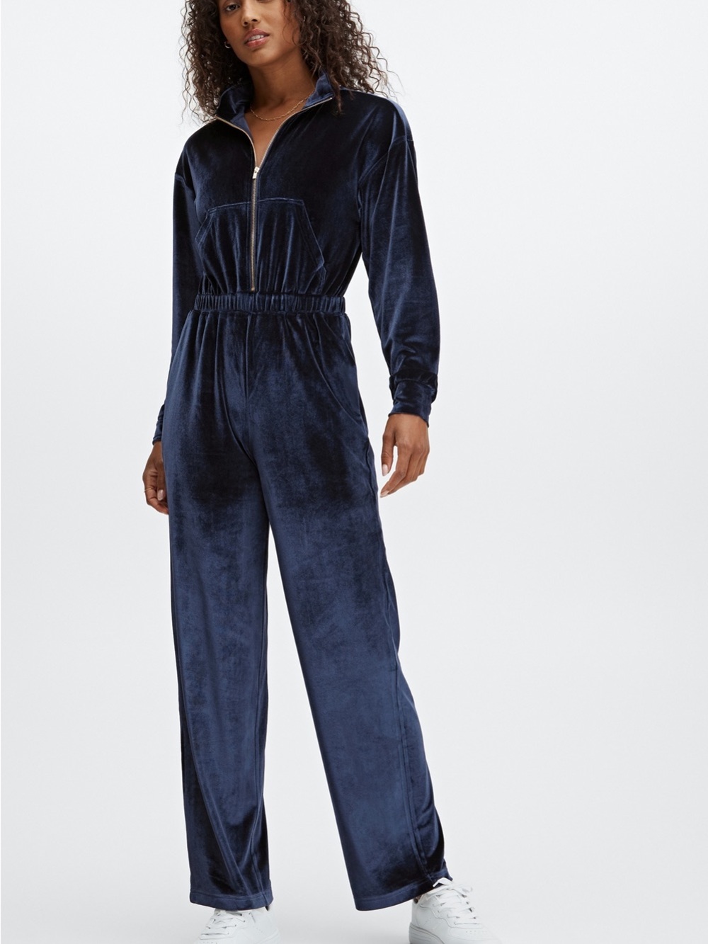 Fabletics Velour Wide Leg Zip Front Jumpsuit | Deep Navy | XXL